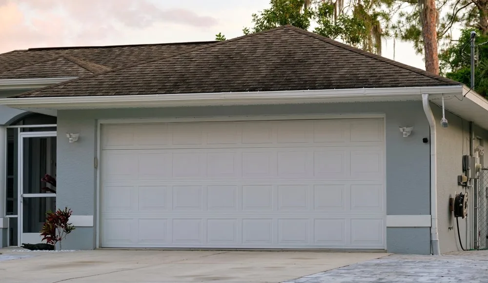 Wide white sectional garage door on a light gray attached garage
